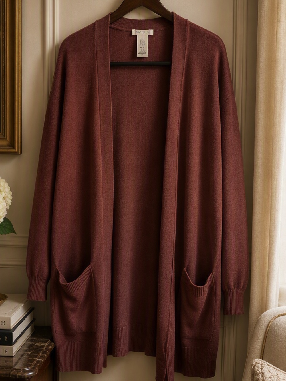 Matty M Open-Front Long Cardigan in Dusty Rose